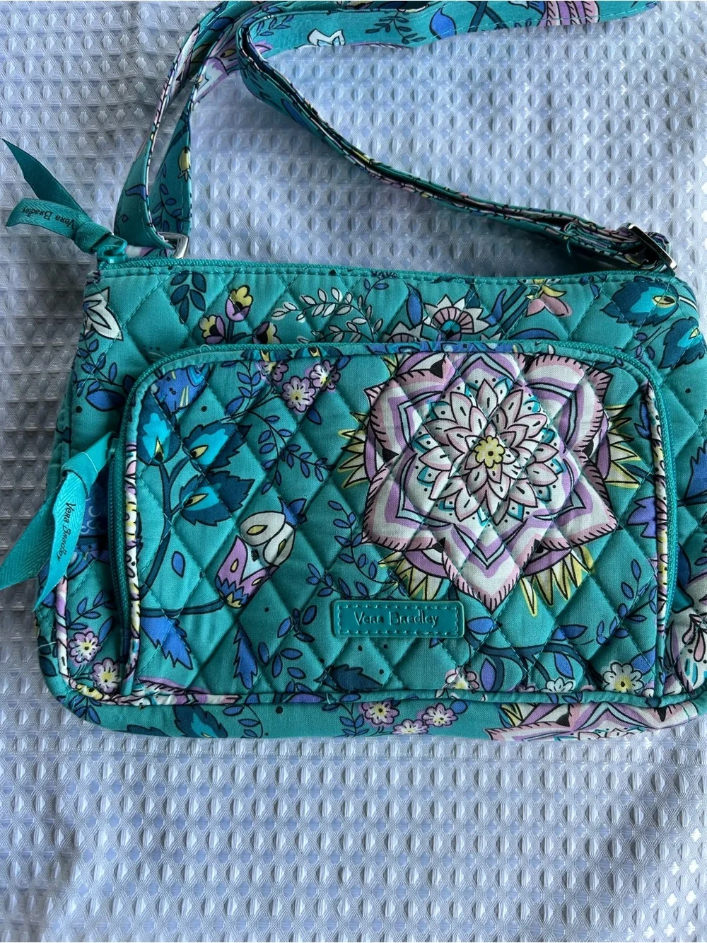 Vera Bradley Turquoise Floral Quilted Crossbody with Purple Accents - Picture 4 of 16